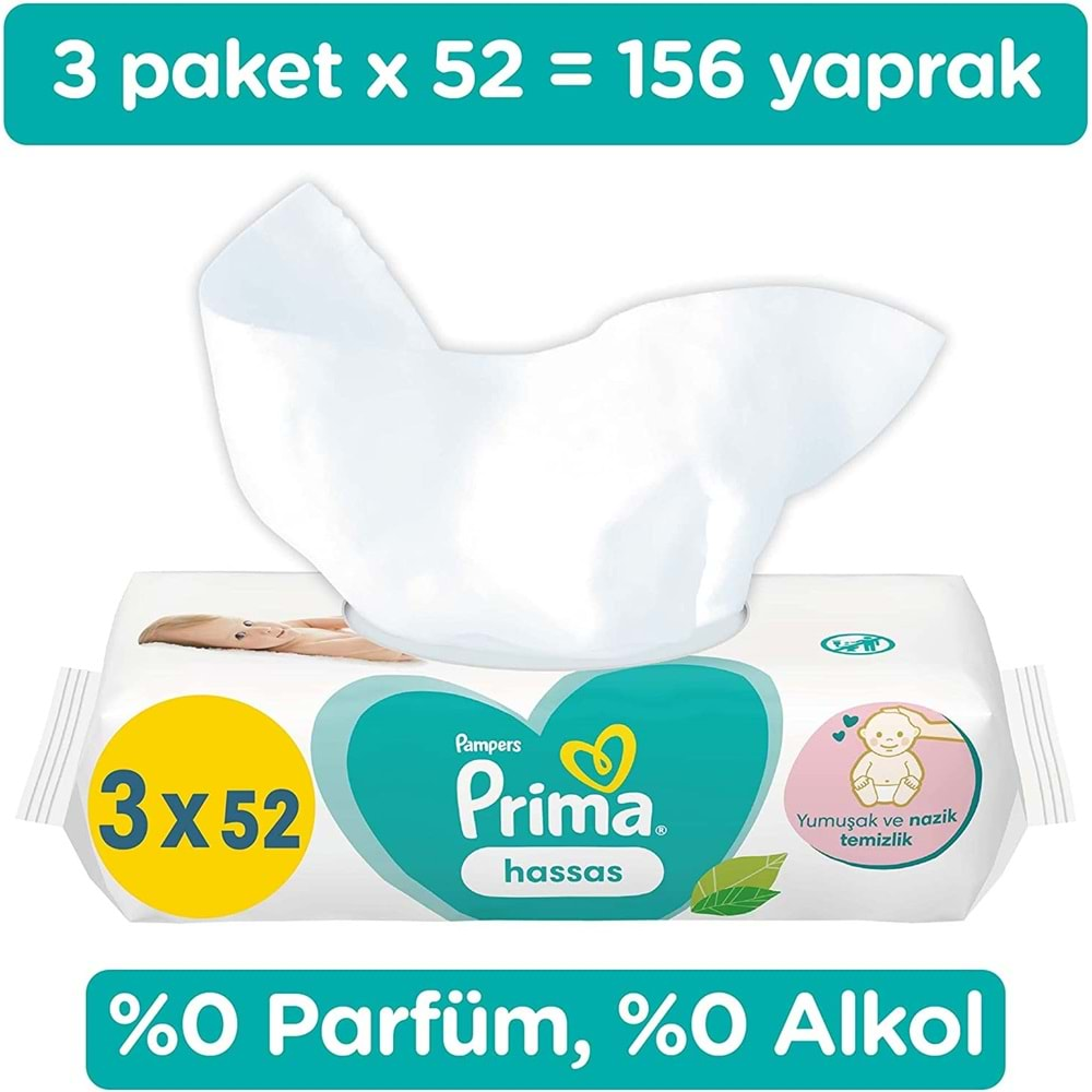 Prima Islak Havlu Mendil Hassas Ciltler İçin Bitki Bazlı Kokusuz 52 Yaprak (3 Lü Pk) 156 Yaprak