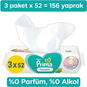 Prima Islak Havlu Mendil Hassas Ciltler İçin Bitki Bazlı Kokusuz 52 Yaprak (3 Lü Pk) 156 Yaprak