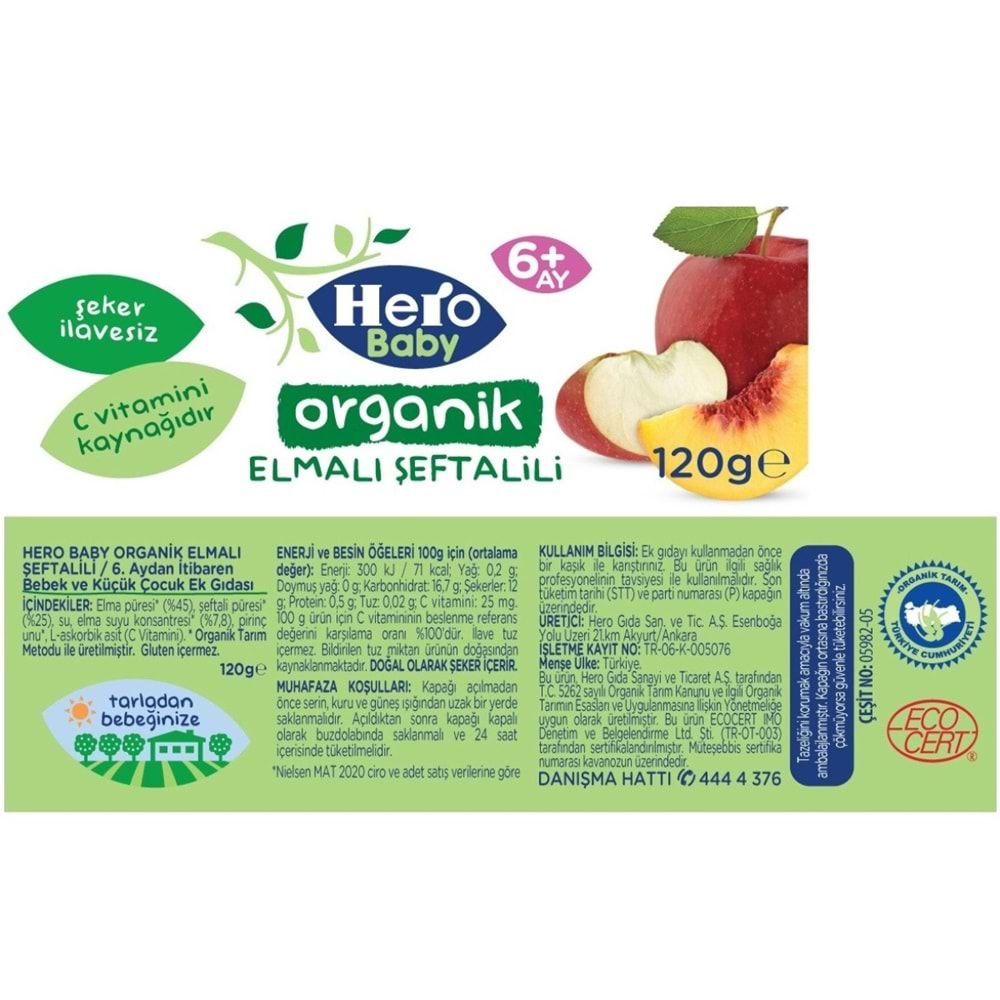 Hero Baby Kavanoz Maması 120GR Organik Elmalı Şeftalili