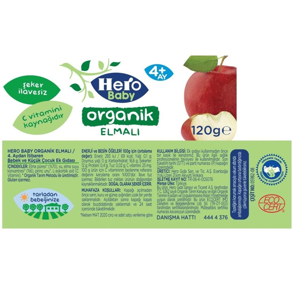 Hero Baby Kavanoz Maması 120GR Organik Elmalı