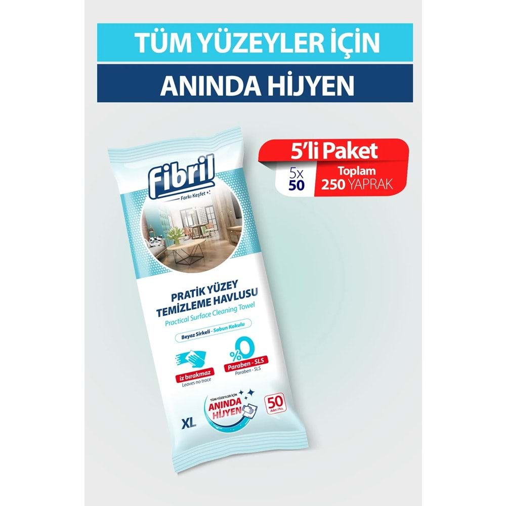 Fibril Yüzey Temizlik Havlusu 50 Yaprak XL Beyaz Sirkeli - Beyaz Sabun Kokulu Plastik Kapaklı