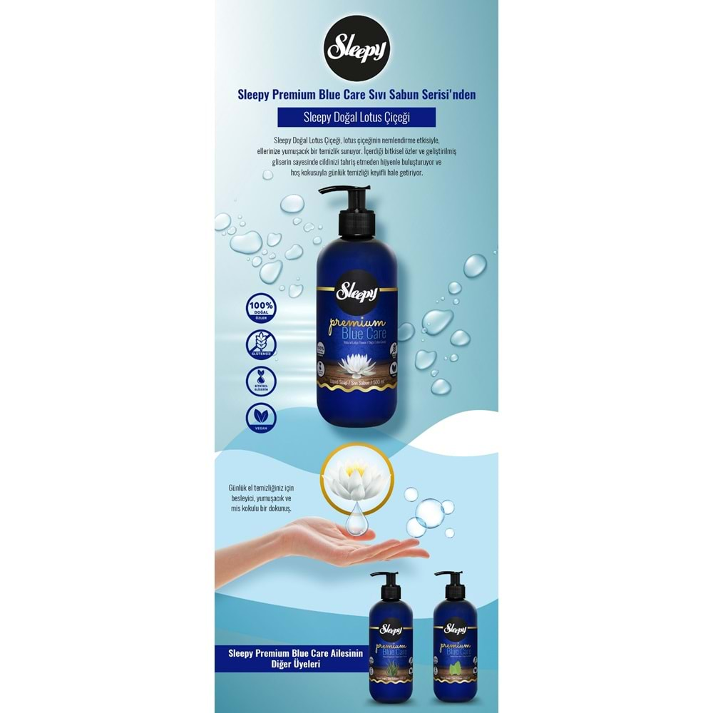 Sleepy Sıvı Sabun Premium 500ML Blue Care Serisi (Doğal Lotus Çiçeği/Deniz Yosunu/Su Nanesi)