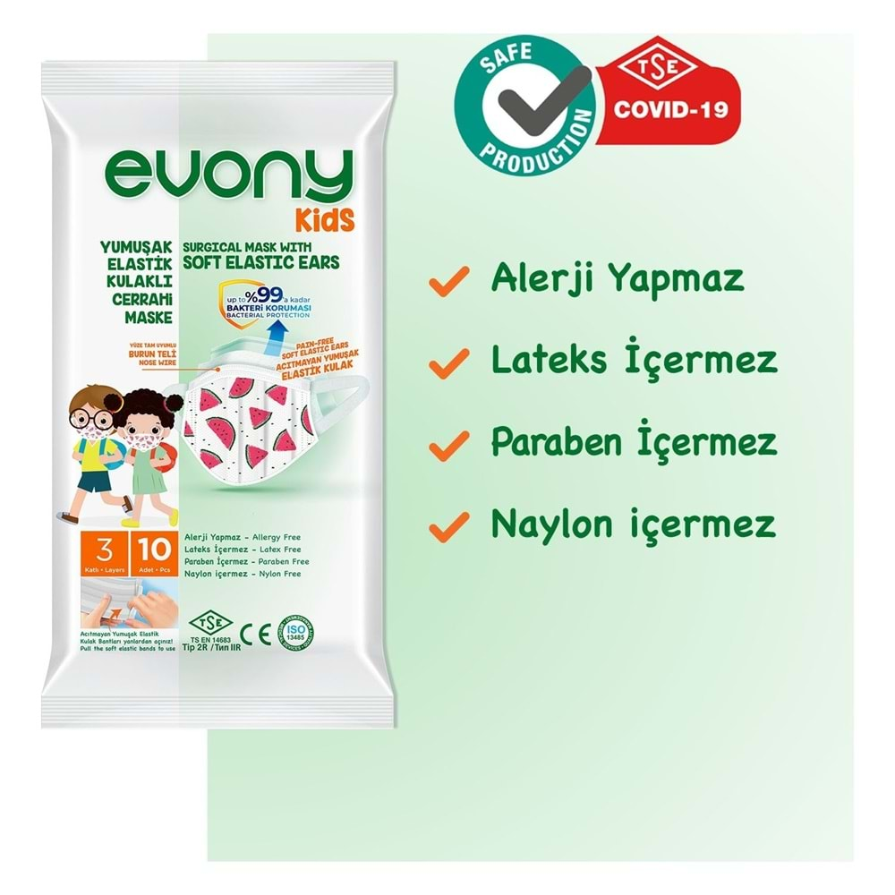 Evony 3 Katlı Filtreli Burun Telli Cerrahi Maske (Kids Çoçuklar İçin) 10 Lu Paket (Desenli)