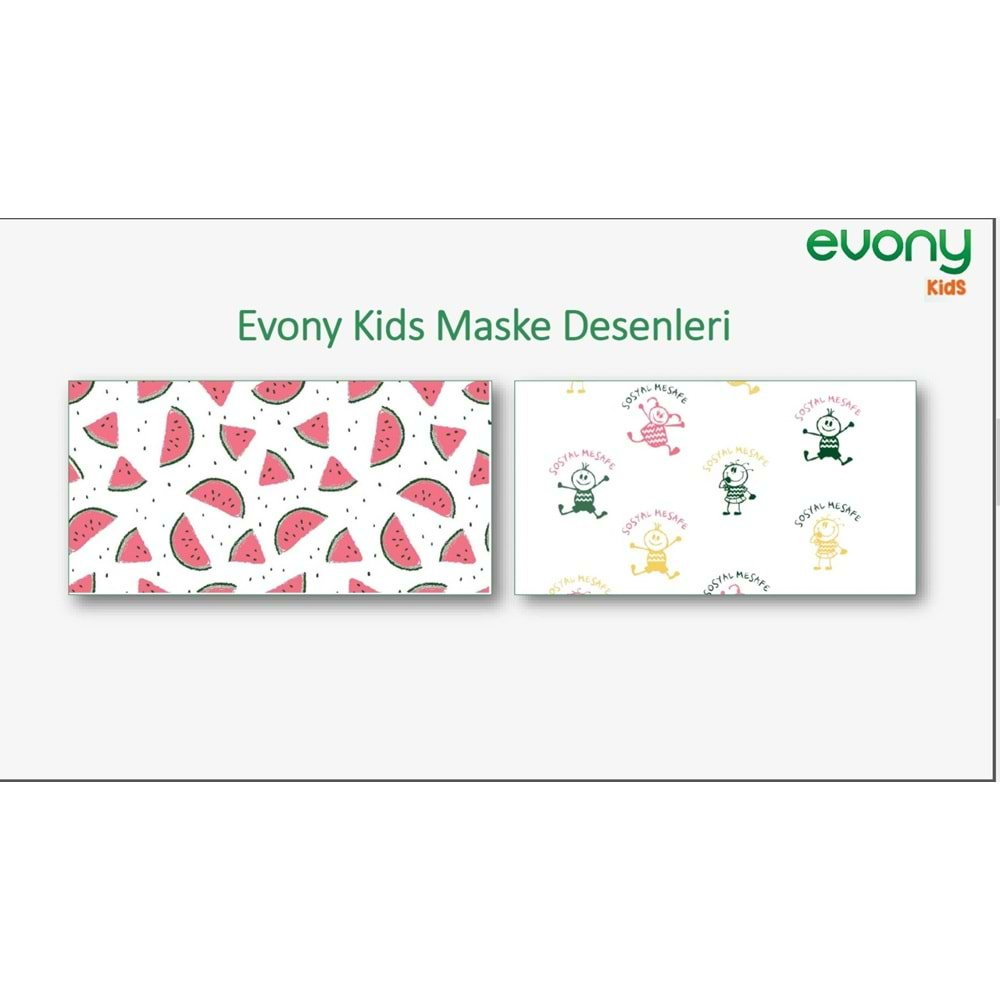 Evony 3 Katlı Filtreli Burun Telli Cerrahi Maske (Kids Çoçuklar İçin) 50 Li Paket (Desenli)