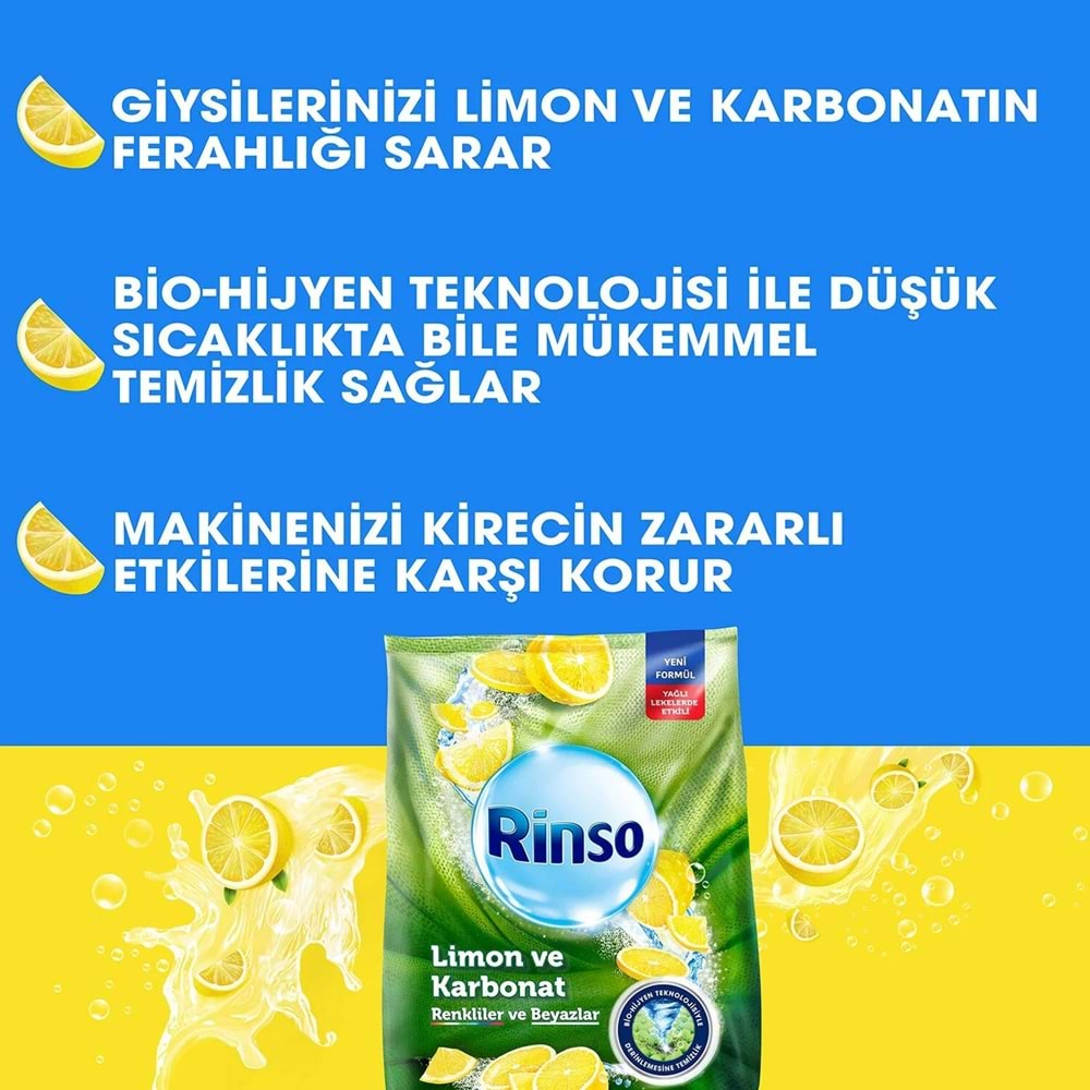 Rinso Matik Toz Deterjan 8KG Limon ve Karbonat / Renkliler ve Beyazlar İçin (53 Yıkama)