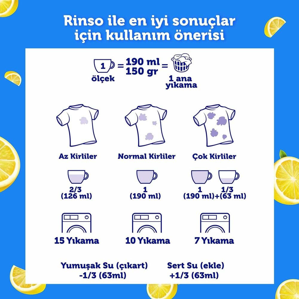 Rinso Matik Toz Deterjan 8KG Limon ve Karbonat / Renkliler ve Beyazlar İçin (53 Yıkama)