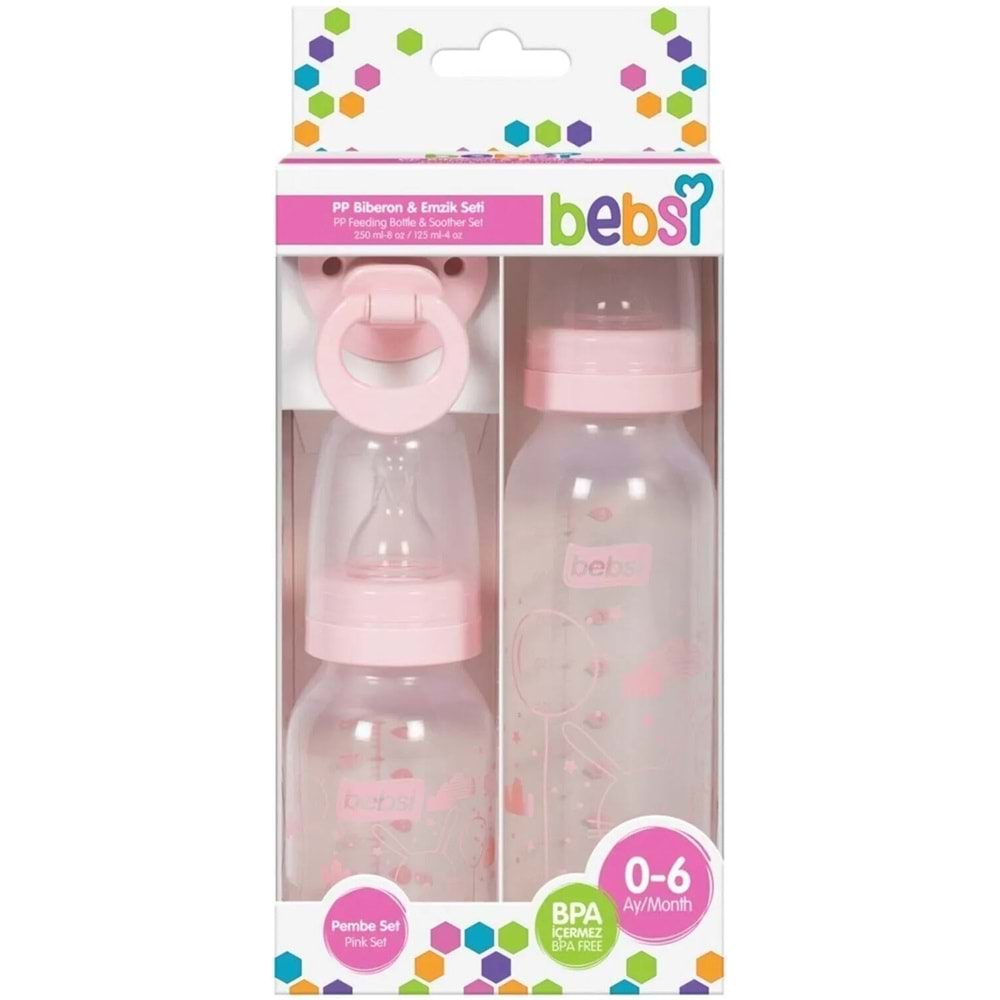 Bebsi Biberon ve Emzik Seti PP Pembe (250ML+ 125ML+ Emzik)