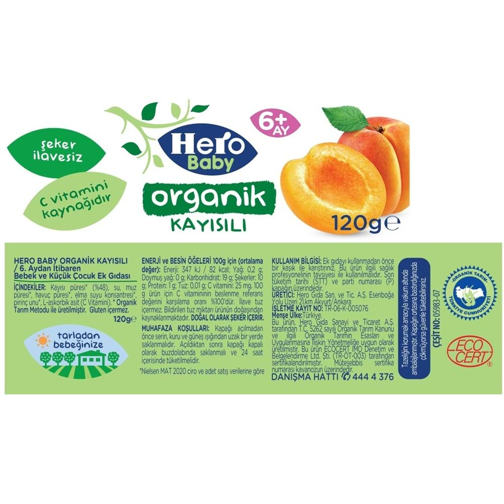 Hero Baby Kavanoz Maması 120GR Organik Kayısılı