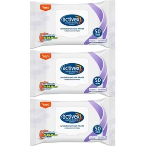 Activex Antibakteriyel Islak Havlu Mendil Hassas 50 Yaprak 3 Lü Set (150 Yaprak) Plastik Kapaklı