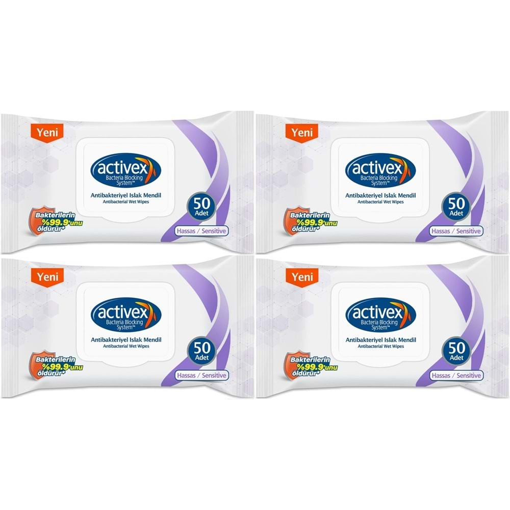 Activex Antibakteriyel Islak Havlu Mendil Hassas 50 Yaprak 4 Lü Set (200 Yaprak) Plastik Kapaklı