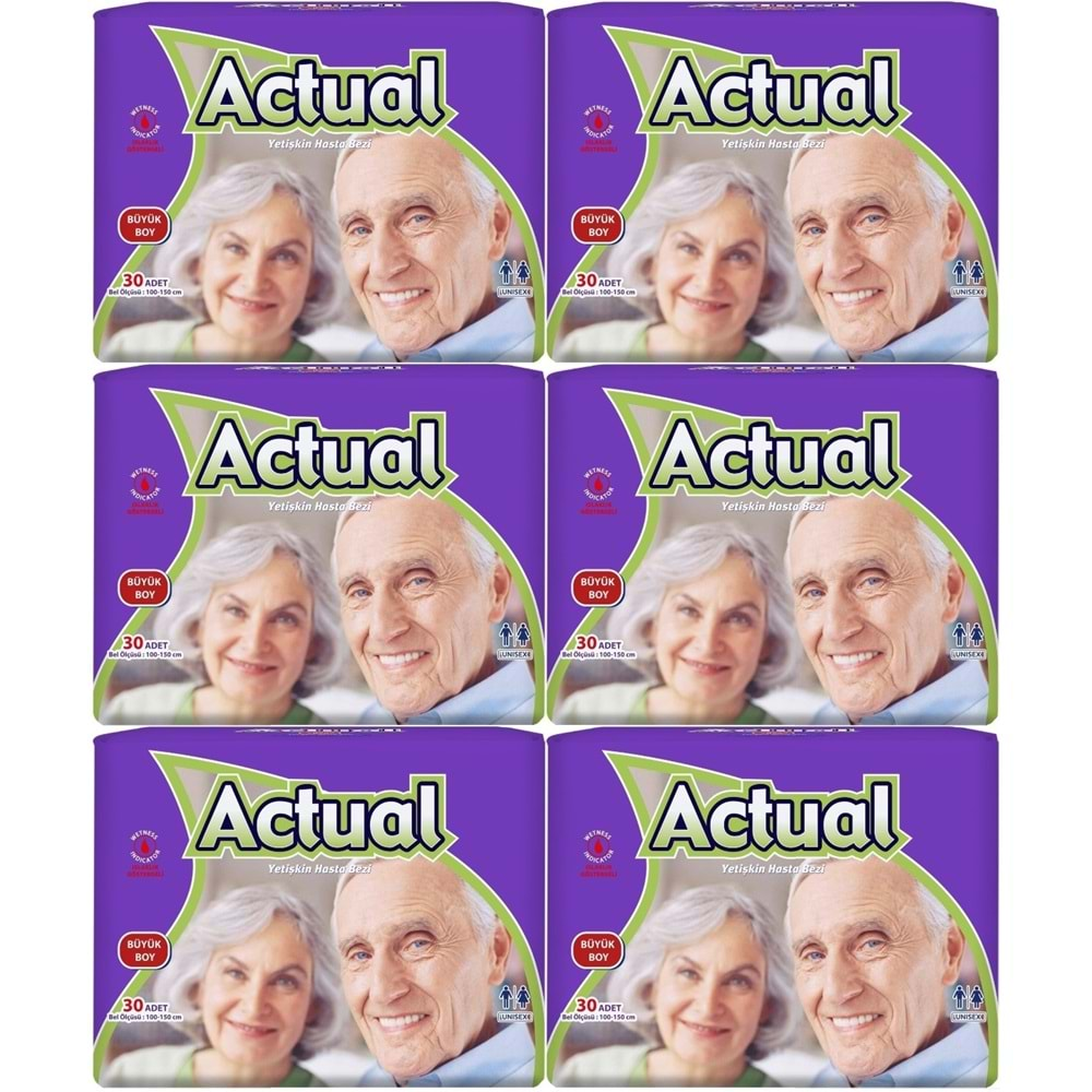 Actual Yetişkin Hasta Bezi Bel Bantlı L-Büyük 180 Adet (6Pk*30)