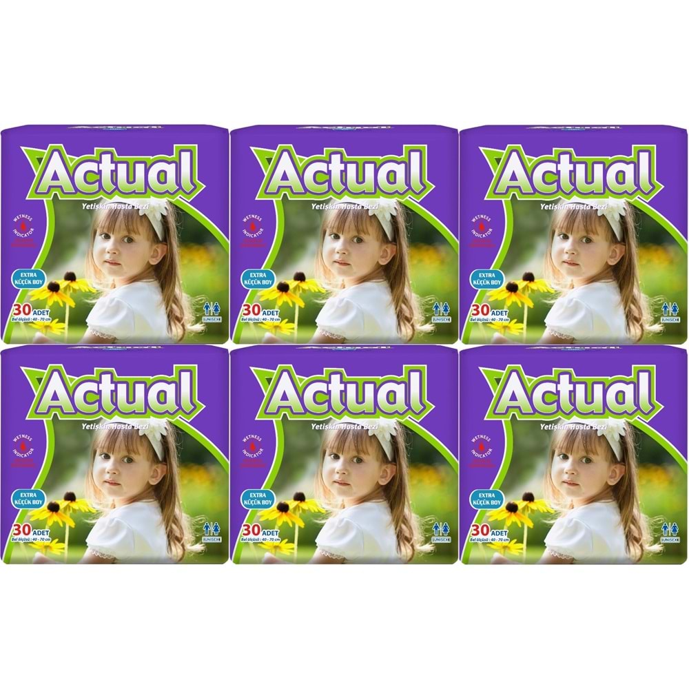 Actual Yetişkin Hasta Bezi Bel Bantlı XS-Ekstra Küçük 180 Adet (6PK*30) (Beden:6 Çoçuk Bezi)