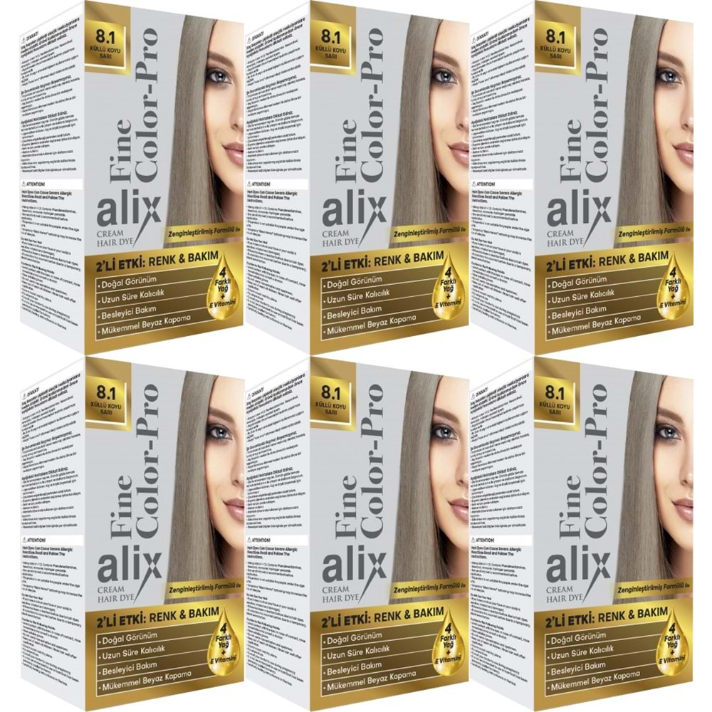 Alix 50ML Kit Saç Boyası 8.1 Küllü Koyu Sarı (6 Lı Set)