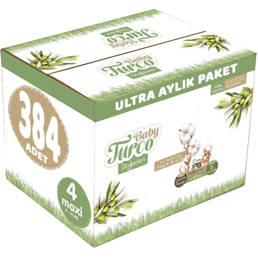 Baby Turco Bebek Bezi Doğadan Beden:4 (8-14Kg) Maxi 384 Adet Ultra Aylık Pk