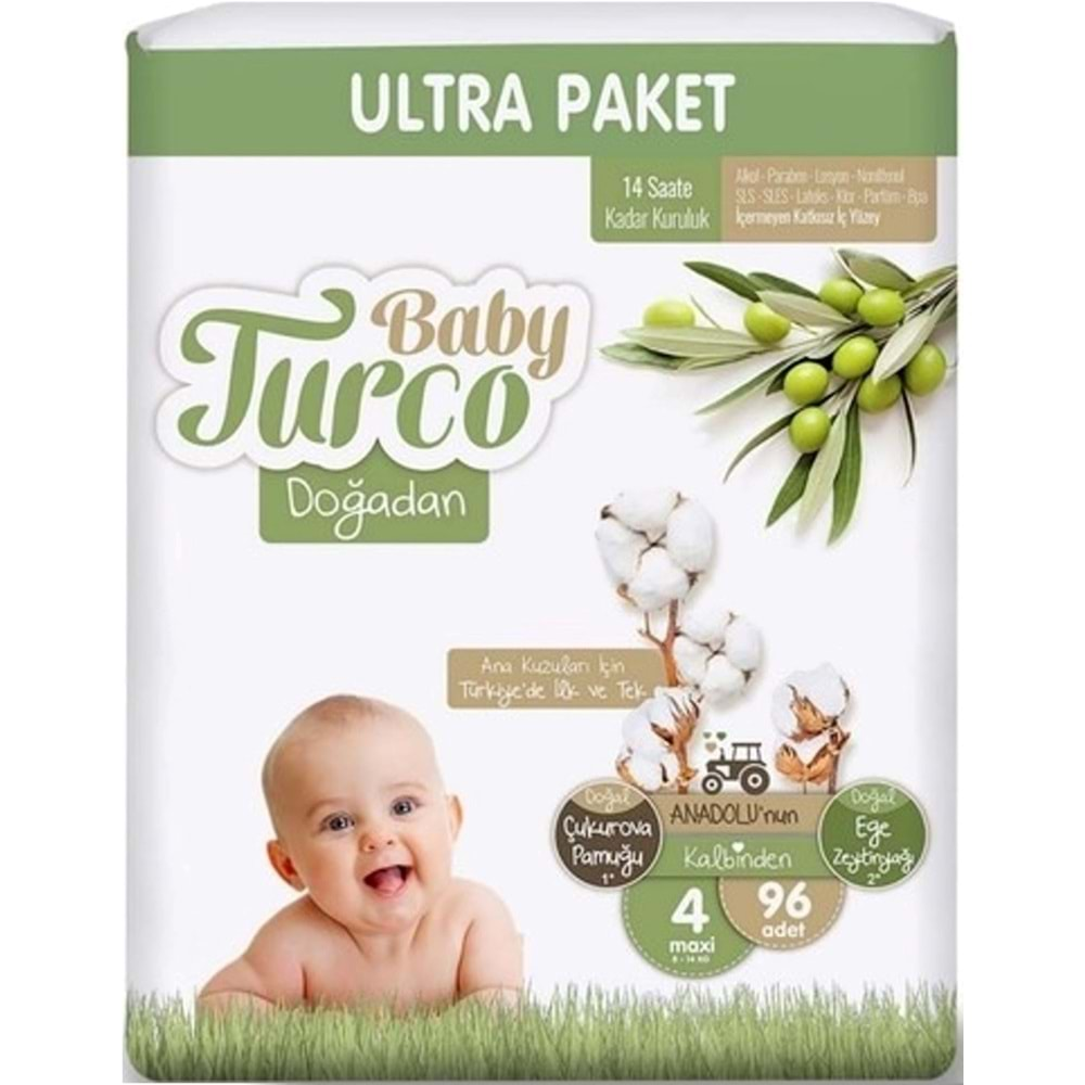 Baby Turco Bebek Bezi Doğadan Beden:4 (8-14Kg) Maxi 576 Adet Ultra Avantaj Pk