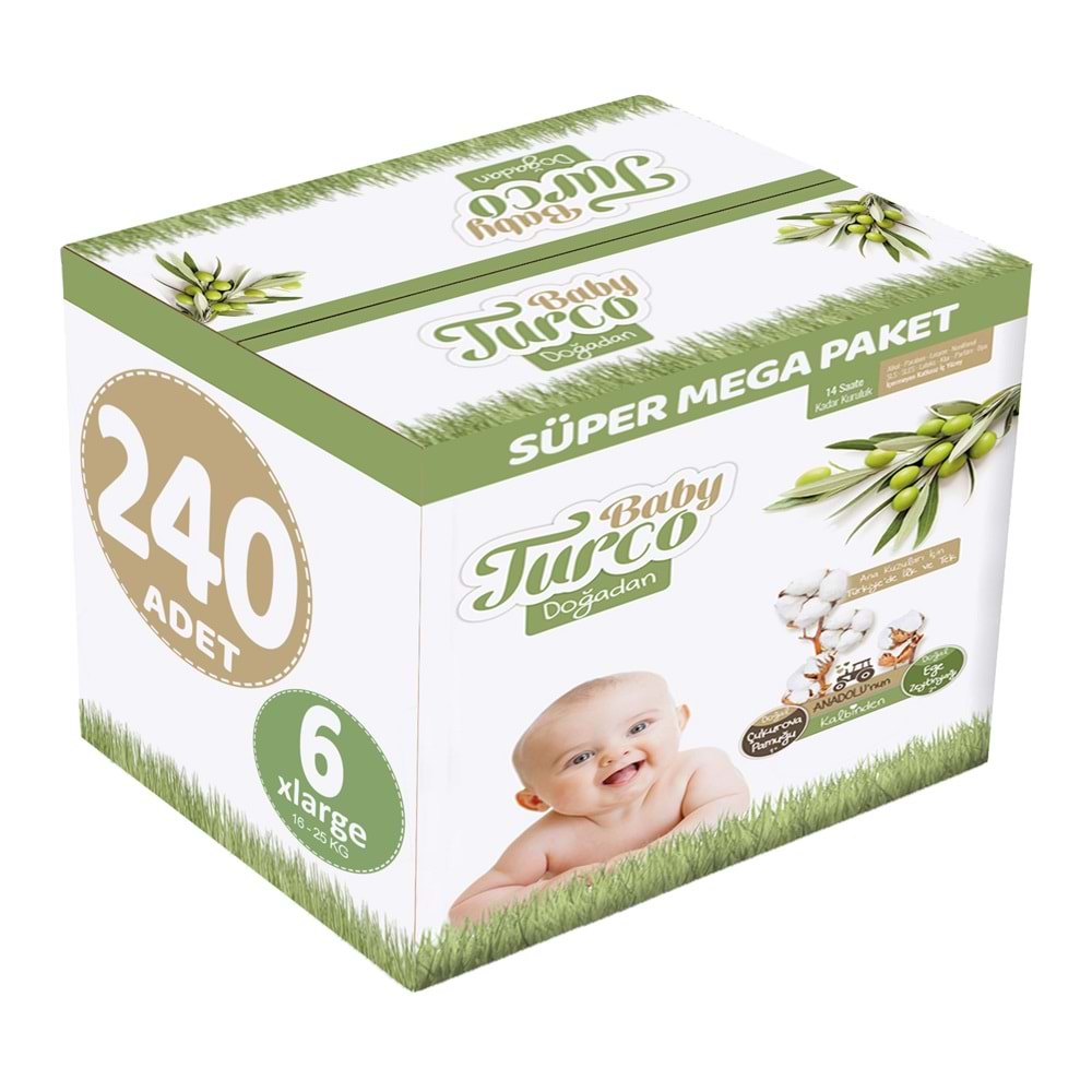 Baby Turco Bebek Bezi Doğadan Beden:6 (16-25Kg) XLarge 240 Adet Süper Mega Pk