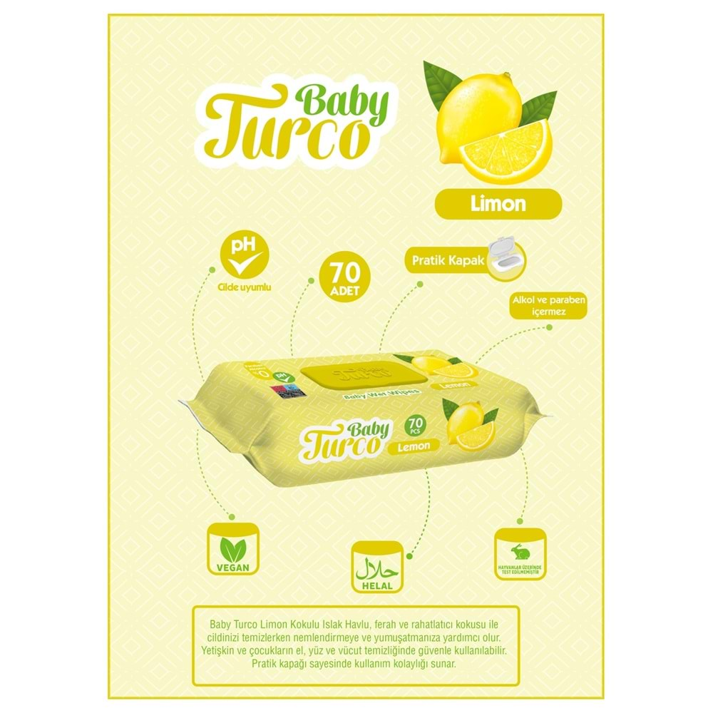 Baby Turco Islak Havlu Mendil 70 Yaprak Limon 6 Lı Set Plastik Kapaklı (420 Yaprak)