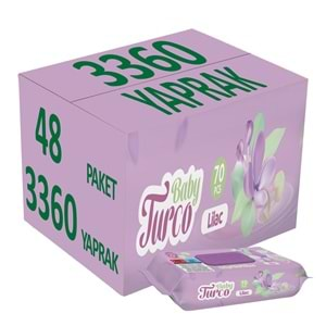 Baby Turco Islak Havlu Mendil 70 Yaprak Leylak 48 Li Set Plastik Kapaklı (3360 Yaprak)