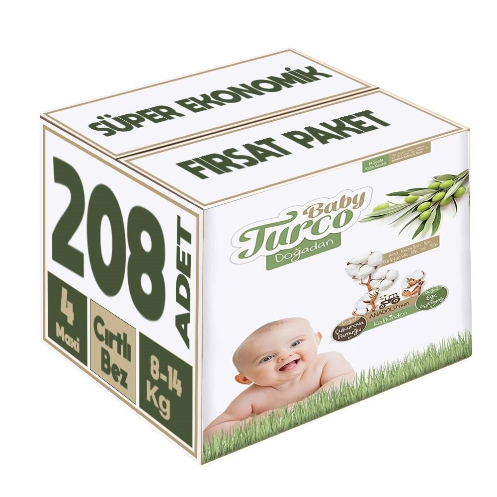 Baby Turco Bebek Bezi Doğadan Beden:4 (8-14KG) Maxi 208 Adet Süper Ekonomik Fırsat Pk