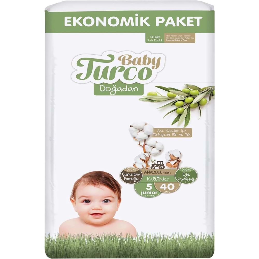 Baby Turco Bebek Bezi Doğadan Beden:5 (12-25Kg) Junior 160 Adet Süper Ekonomik Fırsat Pk