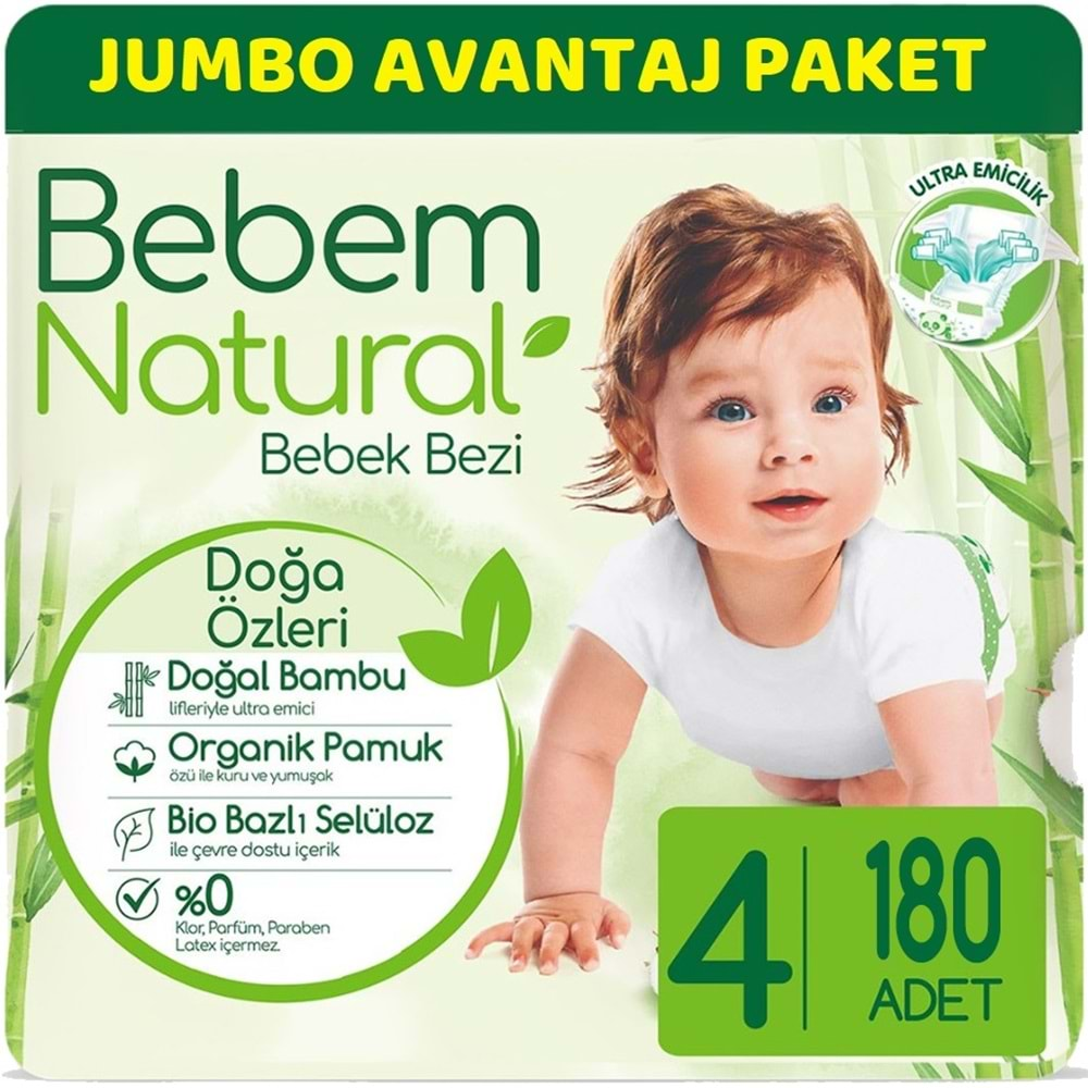 Bebem Bebek Bezi Natural Jumbo Avantaj Pk Beden:4 (7-14Kg) Maxi 180 Adet