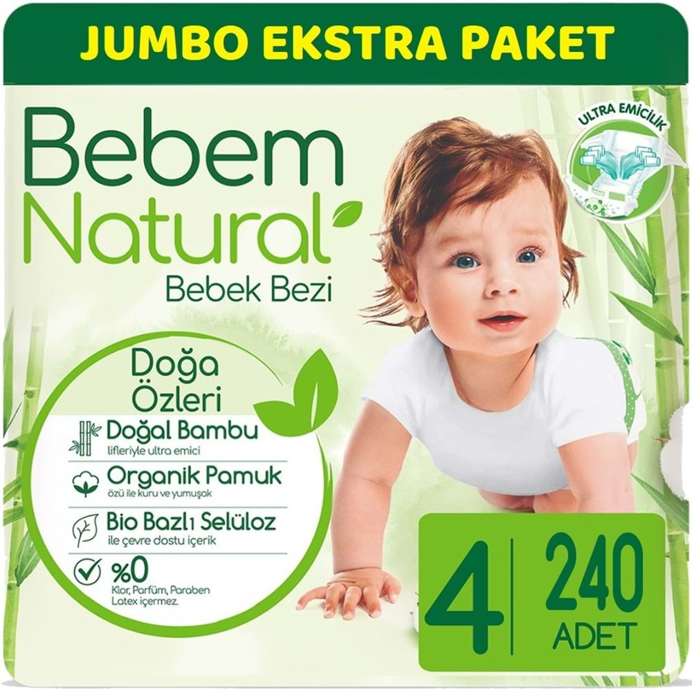 Bebem Bebek Bezi Natural Jumbo Ekstra Pk Beden:4 (7-14Kg) Maxi 240 Adet