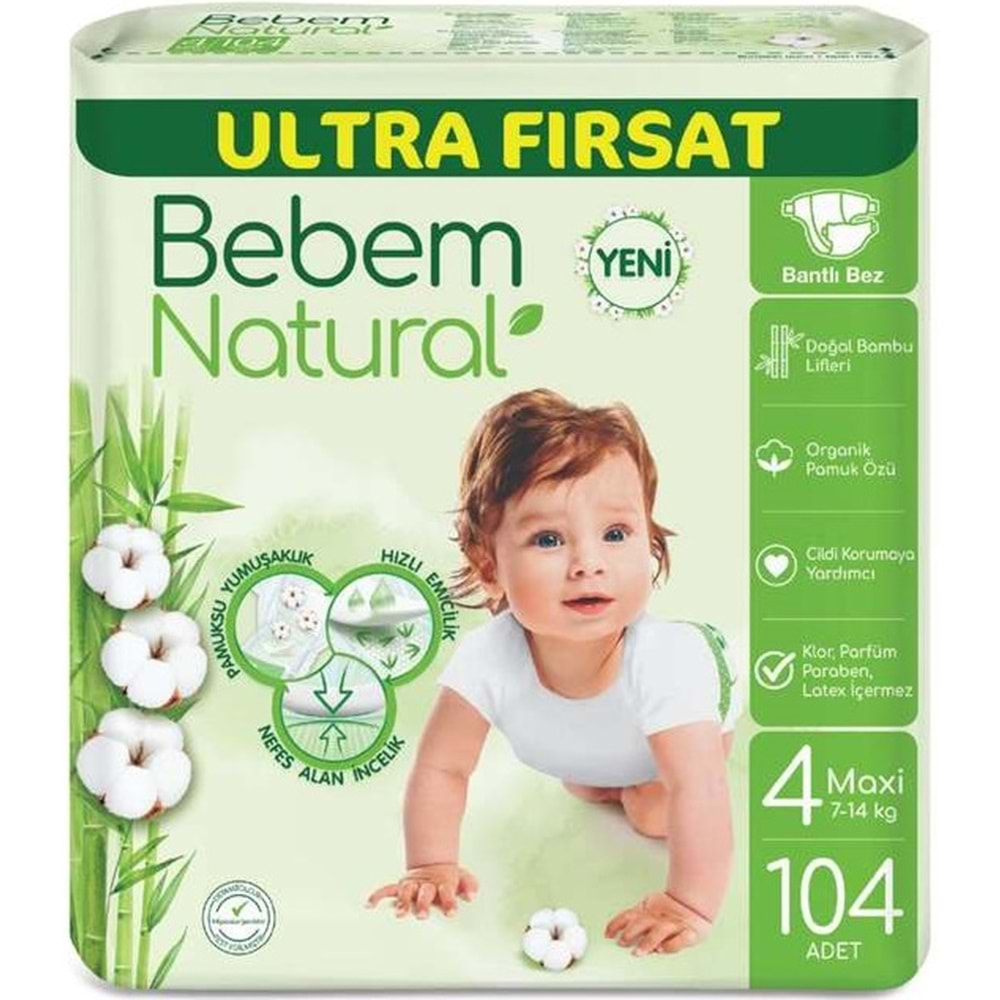 Bebem Bebek Bezi Natural Beden:4 (7-14KG) Maxi 520 Adet Mega Ultra Fırsat Pk