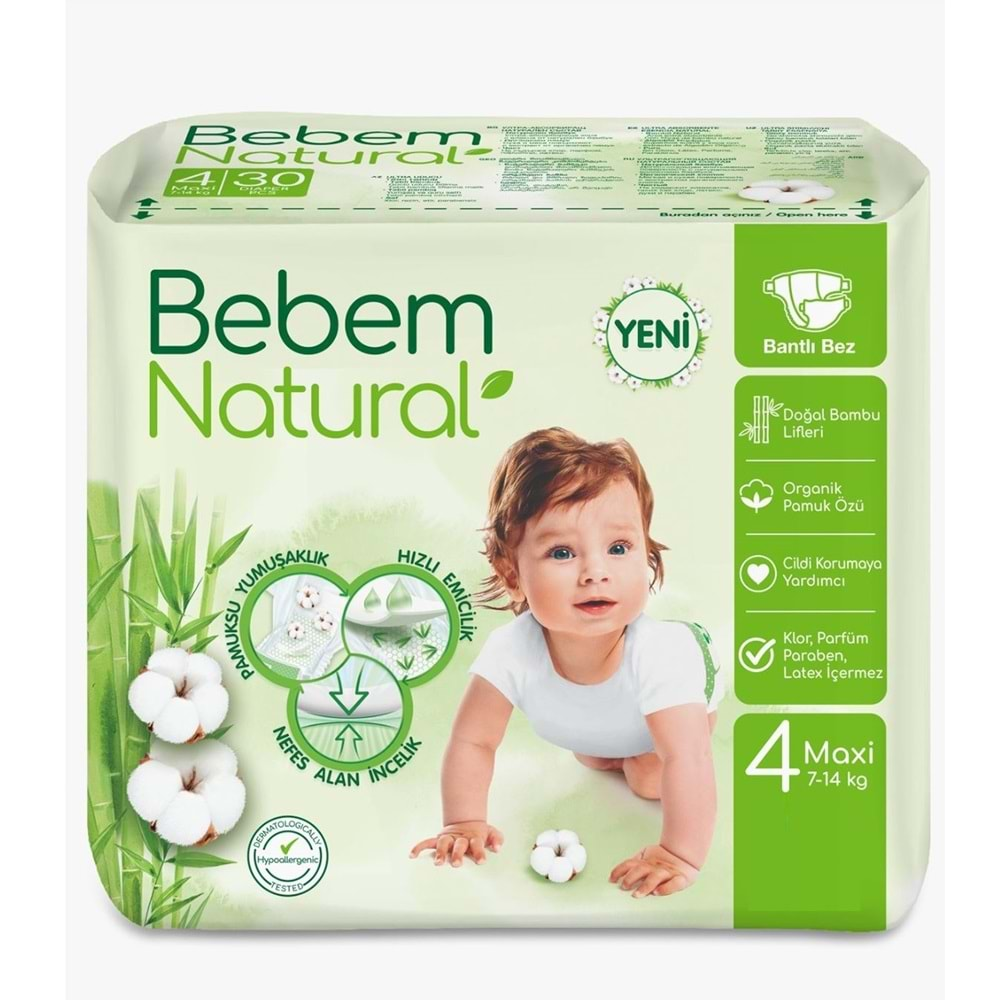 Bebem Bebek Bezi Natural Beden:4 (7-14Kg) Maxi 104 Adet Ekonomik Fırsat Pk