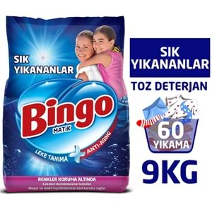 Bingo Matik Toz Çamaşır Deterjanı 27KG Sık Yıkananlar Beyazlar ve Renkliler (3PK*9KG) 180 Yıkama