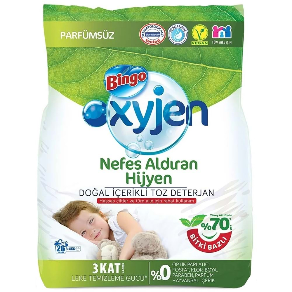 Bingo Toz Çamaşır Deterjanı 12KG Oxyjen Doğal İçerikli Parfümsüz (3PK*4KG) (78 Yıkama)