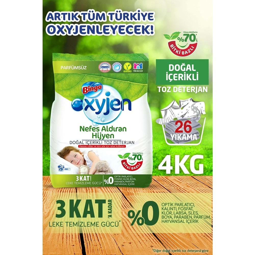 Bingo Toz Çamaşır Deterjanı 12KG Oxyjen Doğal İçerikli Parfümsüz (3PK*4KG) (78 Yıkama)