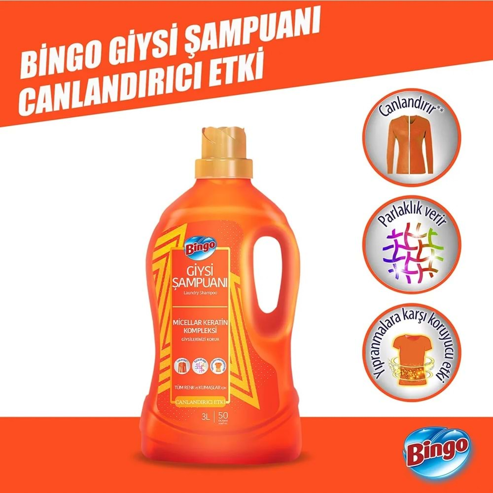 Bingo Giysi Şampuanı 3LT Canlandırıcı Etki 6 Lı Set (300 Yıkama) Tüm Çamaşırlar İçin