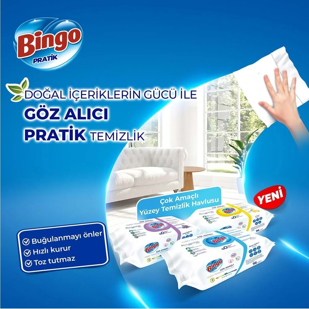 Bingo Clean Yüzey Temizlik Havlusu 96 Yaprak Lavanta Kokulu Plastik Kapaklı (6 Lı Set) 576 Yaprak