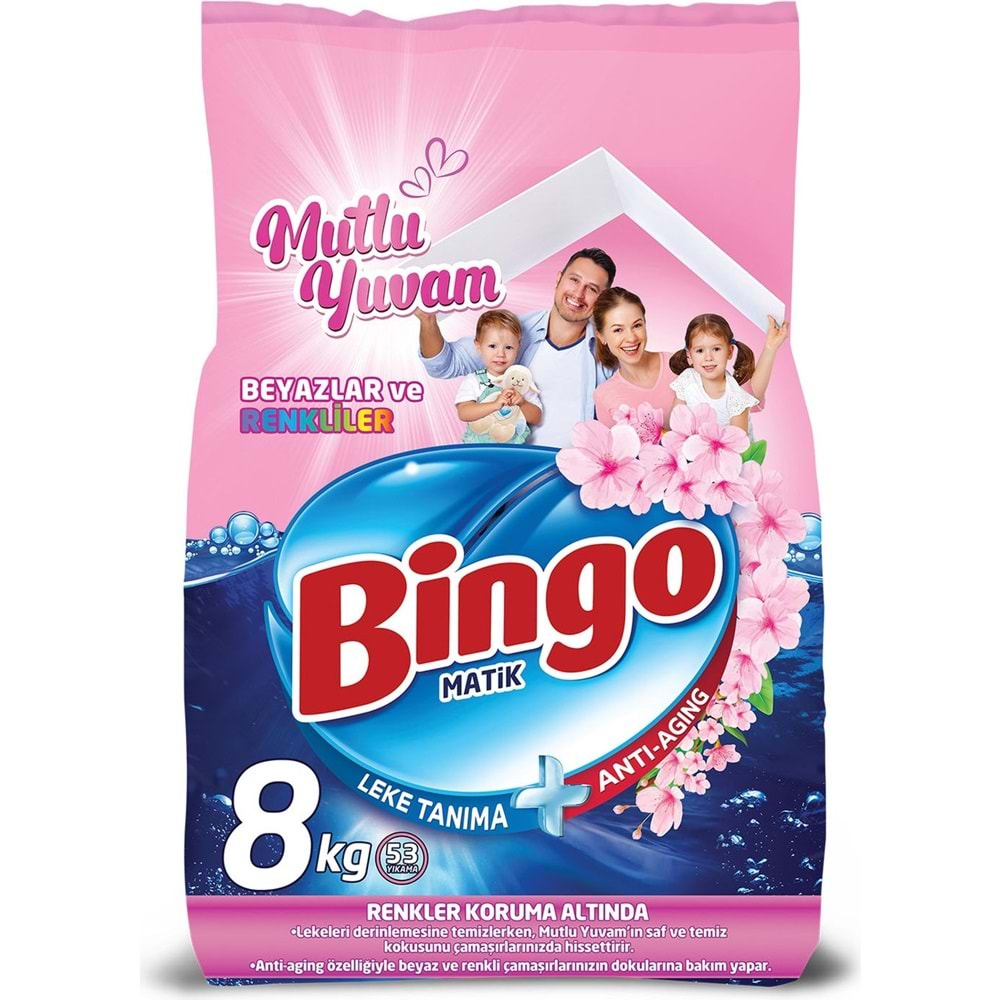 Bingo Matik Toz Çamaşır Deterjanı 16KG Beyazlar ve Renkliler 106 Yıkama (Mutlu Yuvam)