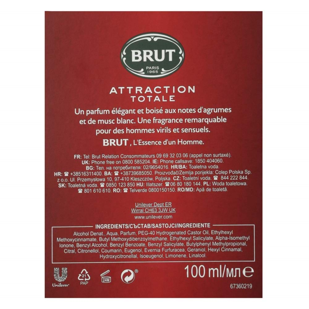 Brut Parfüm Erkek/Men 100ML Attraction Totale Edt (Kırmızı) (6 Lı Set)