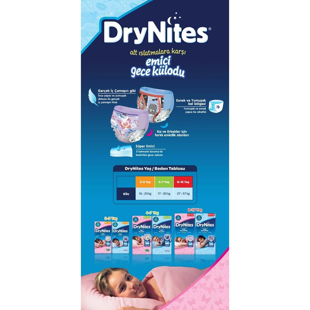 Drynites Emici Gece Külodu/Külot Bez Kız 8-15 Yaş (27-57KG) Large 18 Adet (2PK*9) (Alt Islatmalara Karşı)