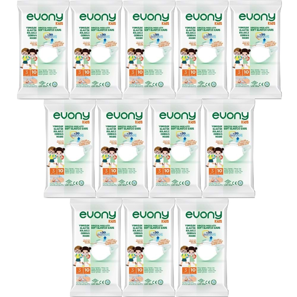 Evony 3 Katlı Filtreli Burun Telli Cerrahi Maske (Kids Çoçuklar İçin) 120 Li Set (12Pk*10) (Desenli)