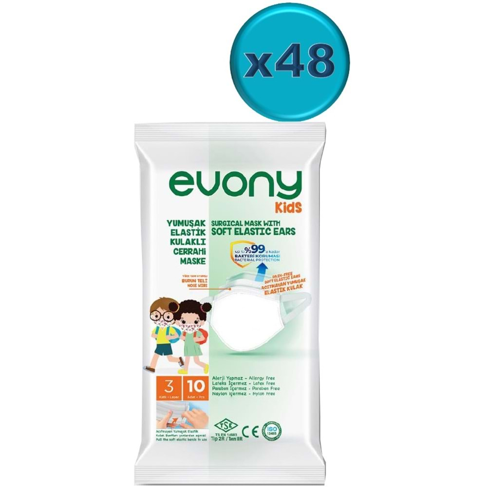 Evony 3 Katlı Filtreli Burun Telli Cerrahi Maske (Kids Çoçuklar İçin) 480 Li Set (48Pk*10) (Desenli)