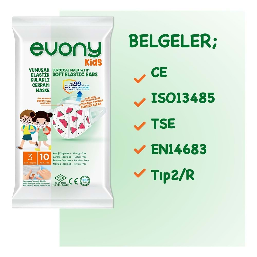 Evony 3 Katlı Filtreli Burun Telli Cerrahi Maske (Kids Çoçuklar İçin) 640 Lı Set (64Pk*10) (Desenli)