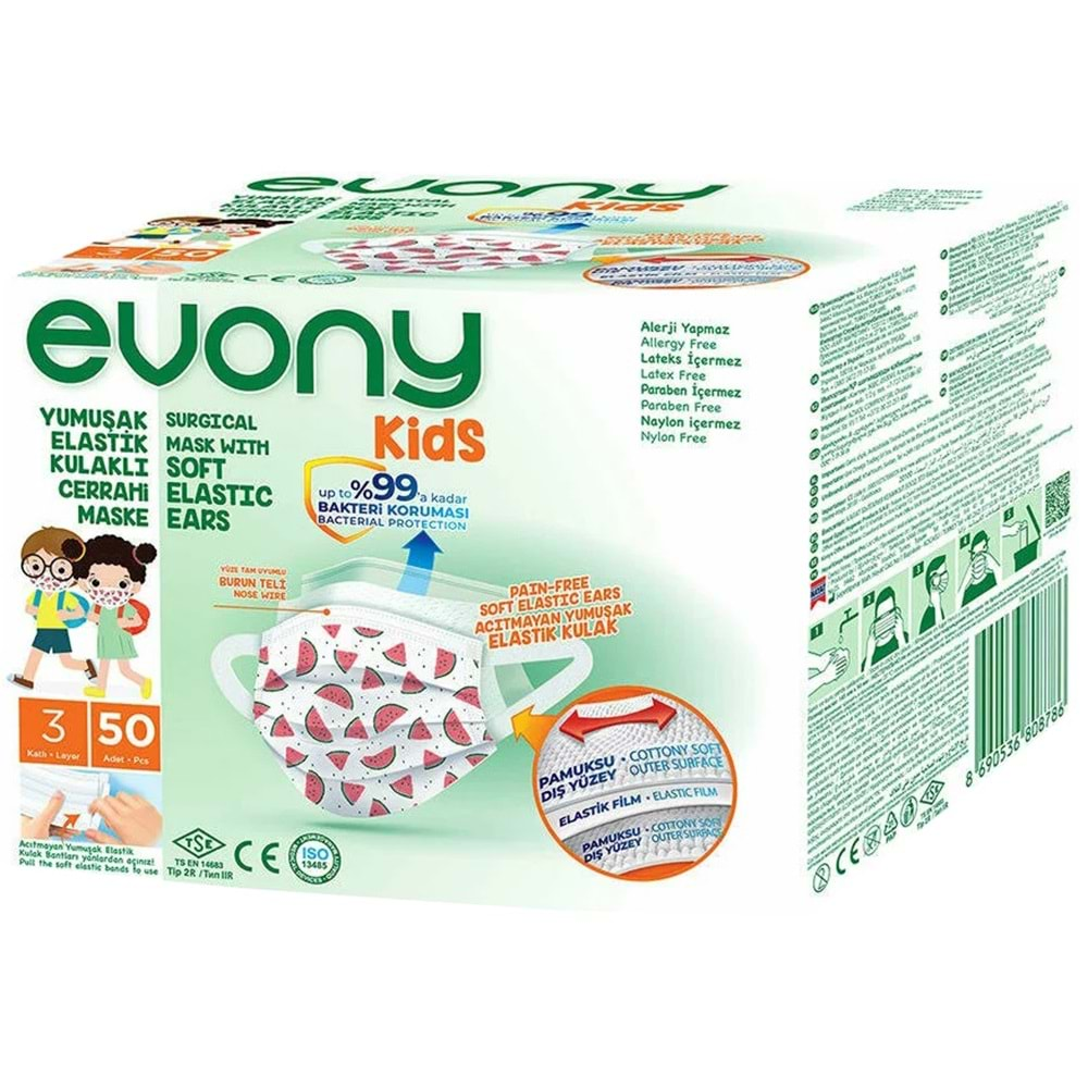 Evony 3 Katlı Filtreli Burun Telli Cerrahi Maske (Kids Çoçuklar İçin) 250 Li Set (Desenli)