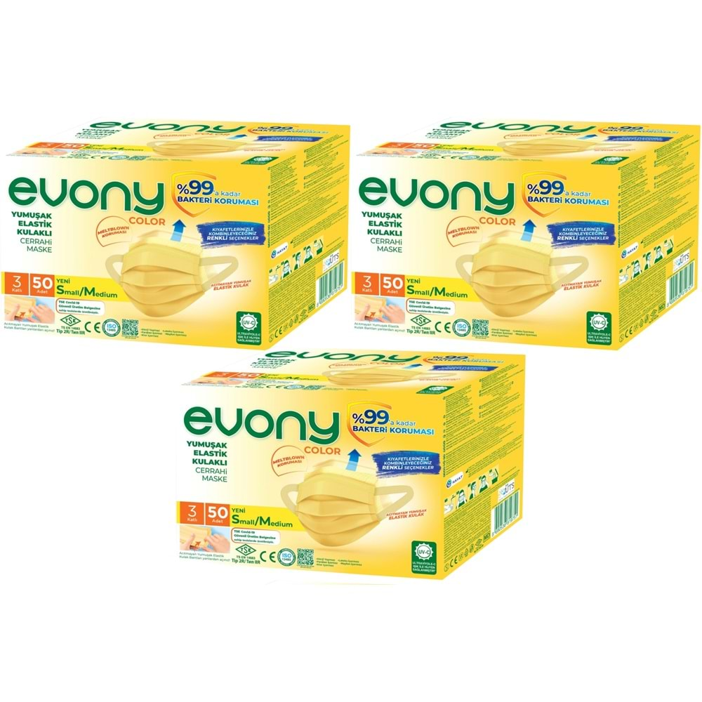 Evony 3 Katlı Filtreli Burun Telli Cerrahi Maske 150 Li Set Small/Medium Sarı 160*90MM (3PK*50)