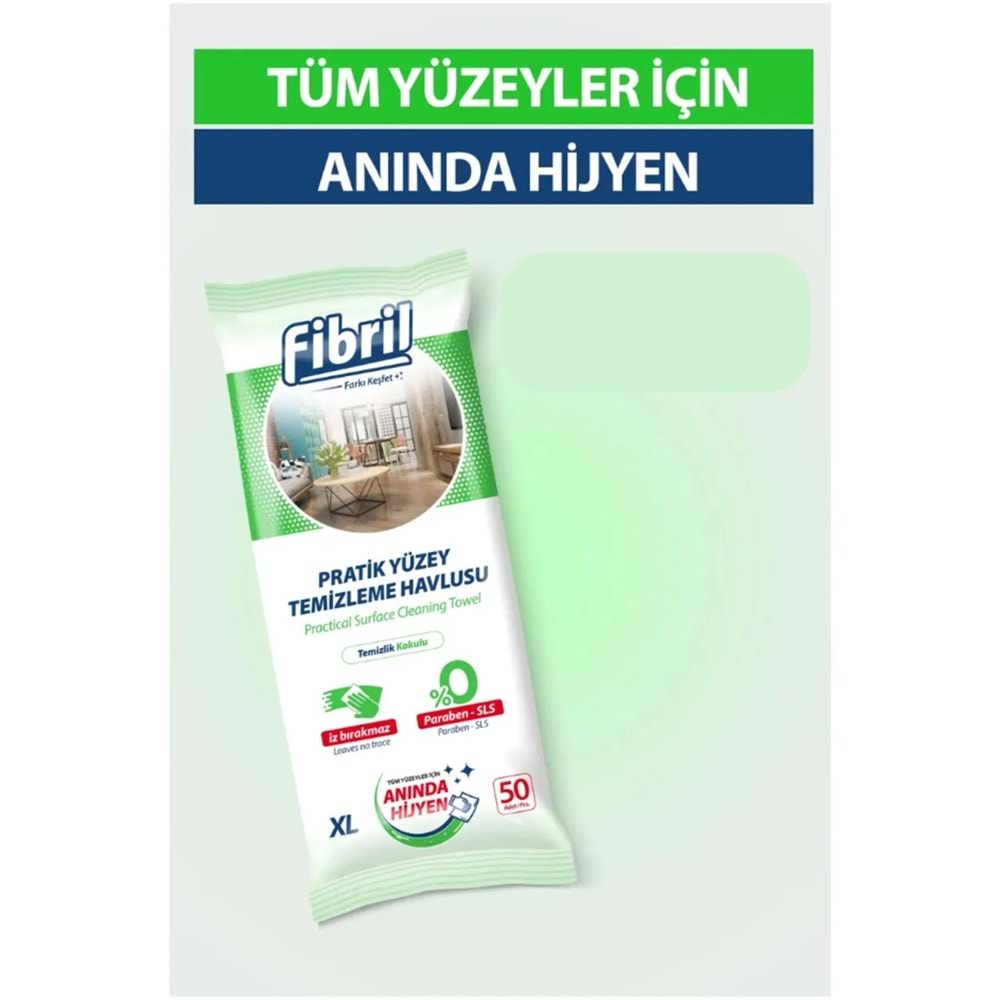 Fibril Yüzey Temizlik Havlusu 50 Yaprak XL Temizlik Kokulu 5 Li Set 250 Yaprak Plastik Kapaklı