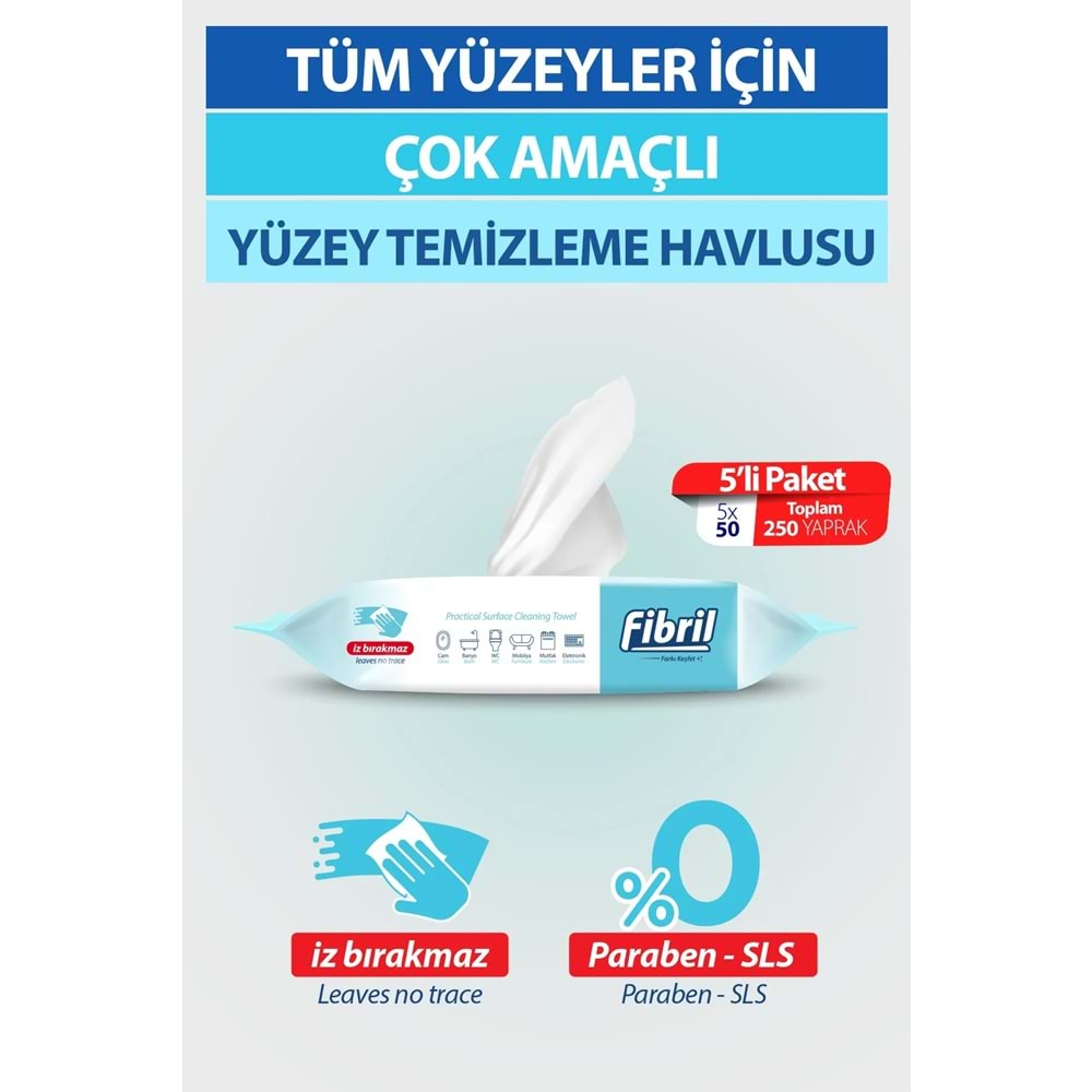 Fibril Yüzey Temizlik Havlusu 50 Yaprak XL Karma 4 Lü Set Beyaz Sirke-Sabun-Temizlik Kokulu 200 Yp