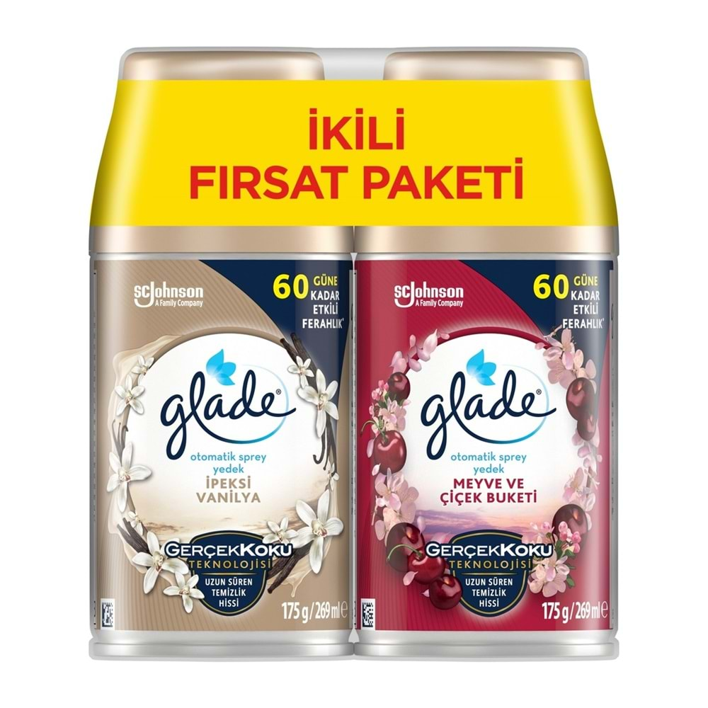 Glade Oda Kokusu Otomatik Sprey Yedek 269ML (12 Li Set) İpeksi Vanilya ve Meyve Çiçek Buketi (6PK*2)