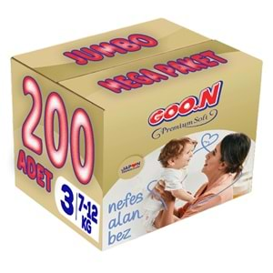 Goon Premium Soft Bebek Bezi Beden:3 (7-12Kg) Midi 200 Adet Jumbo Mega Pk