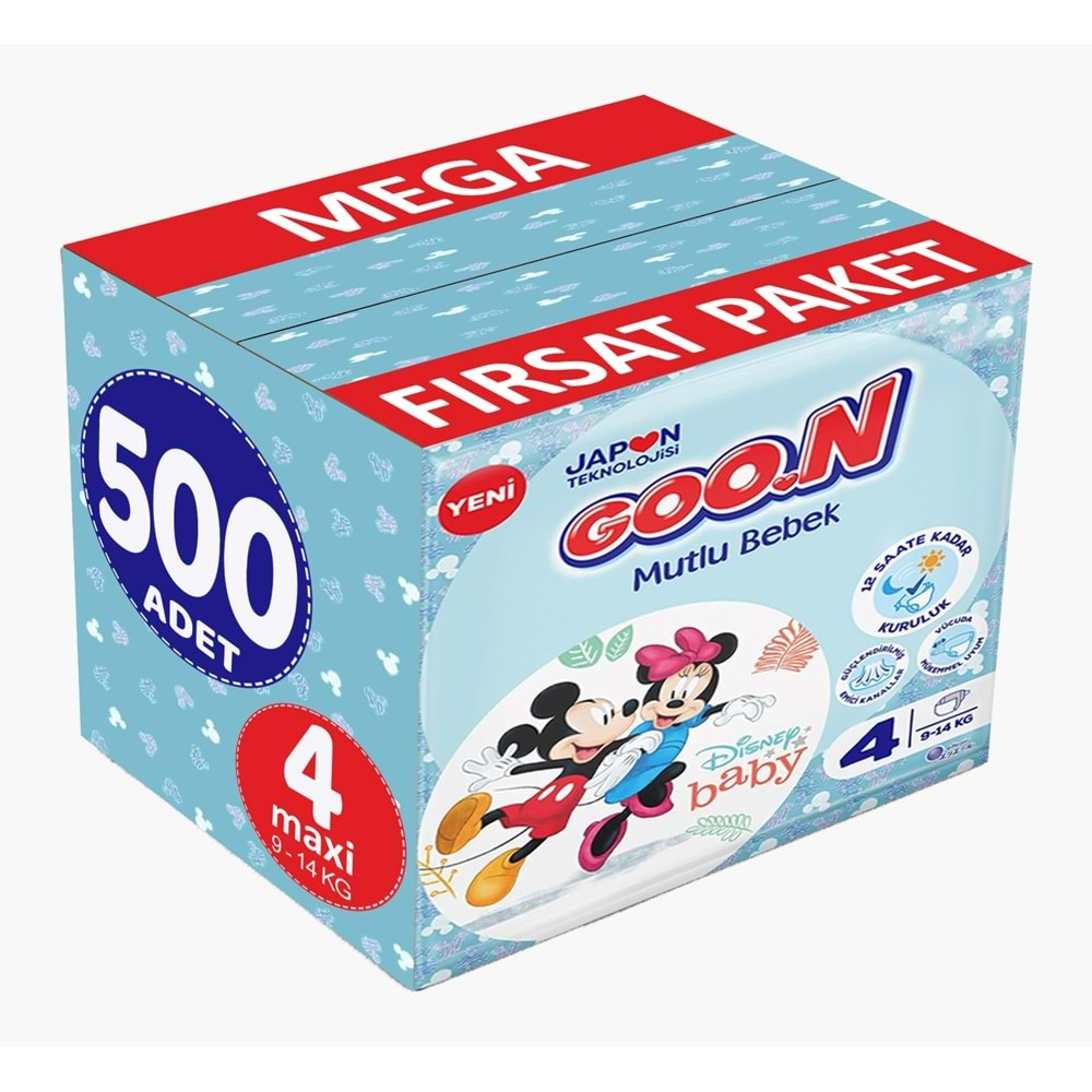 Goon Mutlu Bebek Bebek Bezi Beden:4 (9-14Kg) Maxi 500 Adet Mega Fırsat Pk