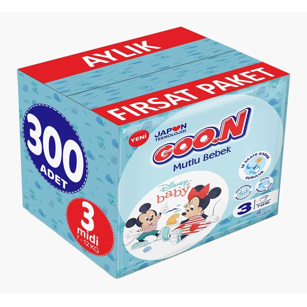 Goon Mutlu Bebek Bebek Bezi Beden:3 (7-12Kg) Midi 300 Adet Aylık Fırsat Pk