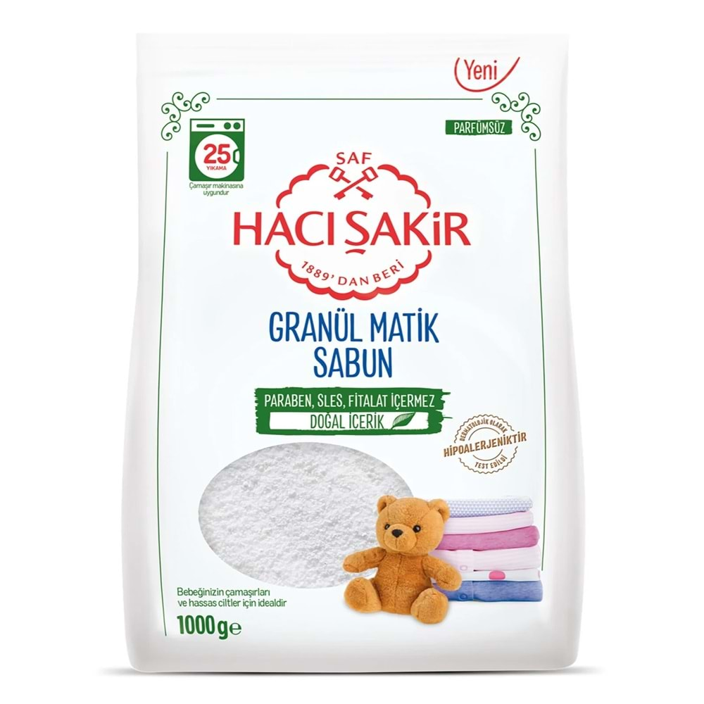 Hacı Şakir Sabun Tozu Granül Matik 9KG Parfümsüz (Bebekler/Hassas Ciltler İçin) 225 Yıkama (9PK*1KG)