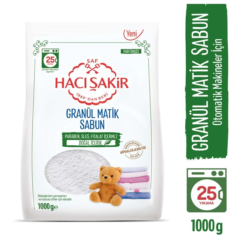 Hacı Şakir Sabun Tozu Granül Matik 9KG Parfümsüz (Bebekler/Hassas Ciltler İçin) 225 Yıkama (9PK*1KG)