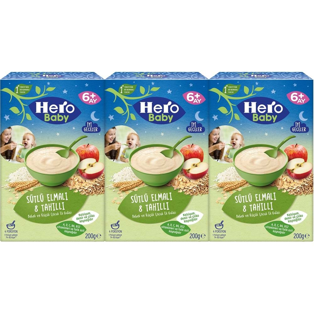 Hero Baby Kaşık Maması 200GR Gece Sütlü Elmalı 8 Tahıllı 3 Lü Set